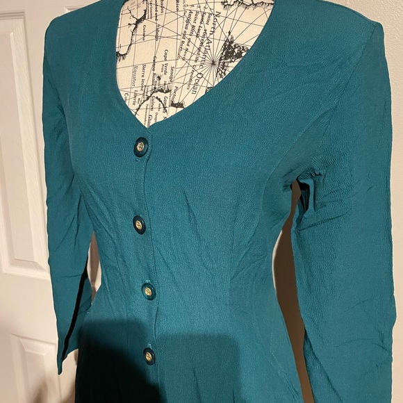 Vintage y2k Romper Teal Emerald long sleeve buttons 80’s-90’s shorts Fit Flare - Picture 2 of 5